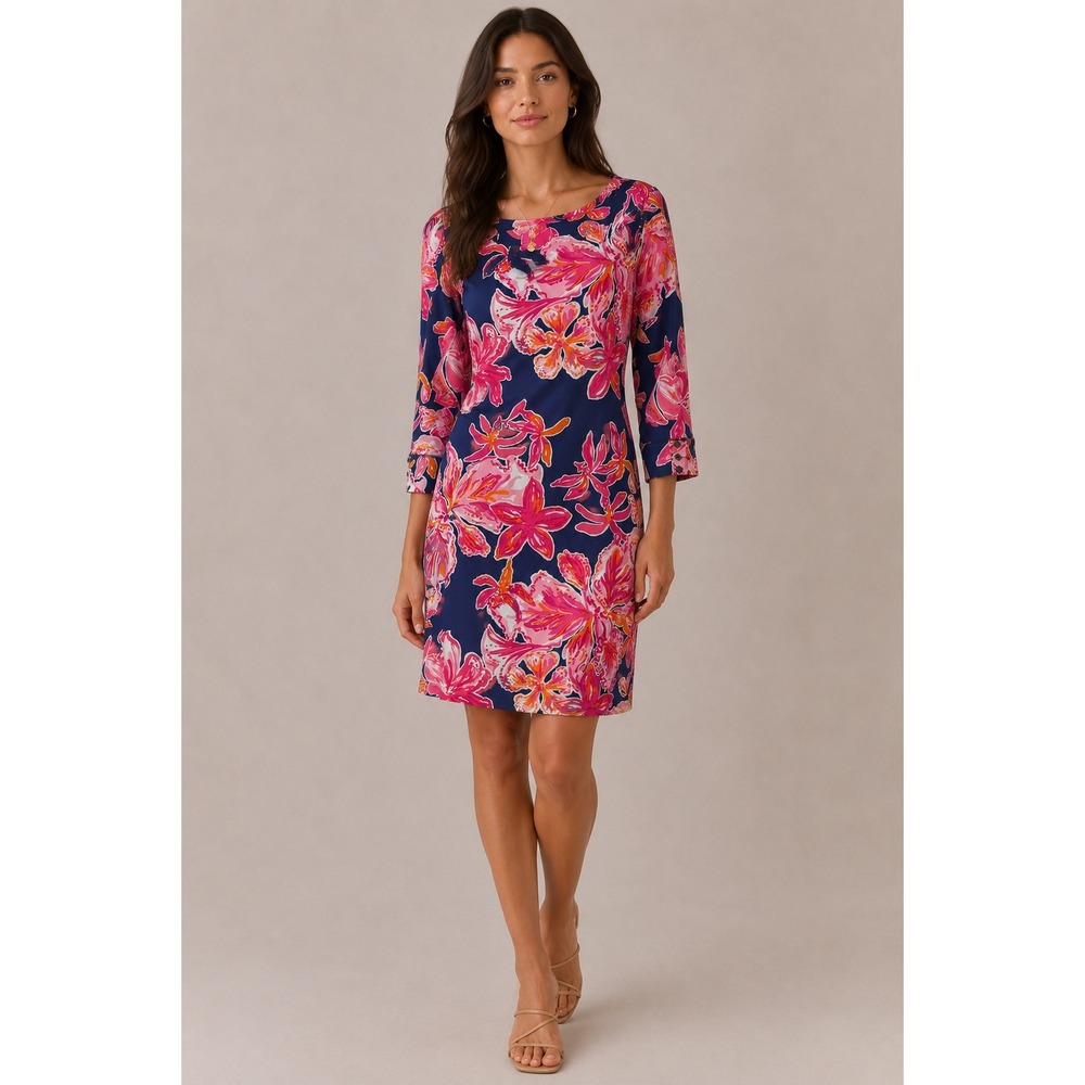 Lilly Pulitzer Sophie Dress Navy Pink Floral 3/4 Sleeve Gold Button Shift Small